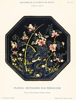 Crockery Prints: Octagonal platter on a pedestal, lacquer ground, Rouen