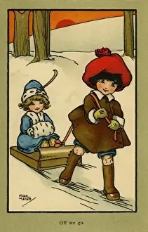 Off we go -- children with a sled
