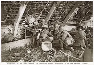 Sending Prints: Officers and signallers have stationed themselves in a loft or attic in the upper storey of a damaged building