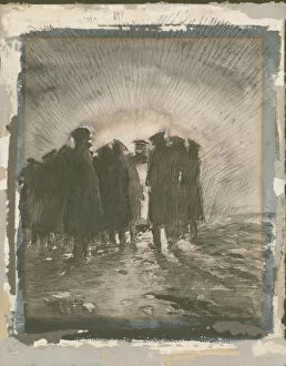 Officers by trenches, meeting at dusk, WW1