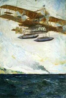 Oil on board by Cyrus Cuneo of an imaginary flying boat