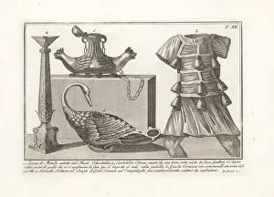 Etruscan Prints: Oil lamps, candelabra and sentinel's cuirass with bells