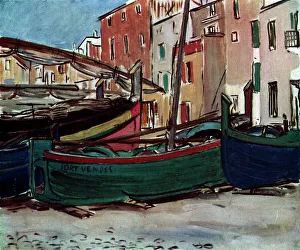 Oil painting showing a number of blue and green boats on the land, one tagged with Port Vendes. Date: circa 1929