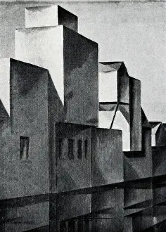 Phillips Prints: Oil painting showing a very simplistic row of square buildings along a calm