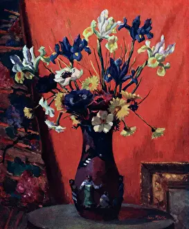 Daisies Prints: Oil painting of a vase of flowers including blue and white Irises and Daisies
