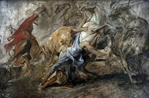 Pinakothek Gallery: Oil sketch for the lion hunt, 1621-1622, by Rubens (1577-164