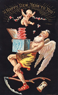 Scythe Collection: Old Father Time and New Year baby on a New Year card