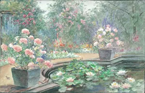 The Old Garden, Battersea Park'. Garden pond and flowers
