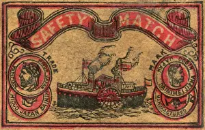 Paddlesteamer Prints: Old Japanese Matchbox label with a boat made by Hiogo