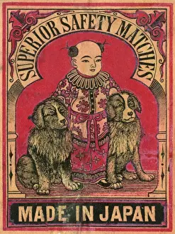 Fashioned Prints: Old Japanese Matchbox label with a boy and two dogs