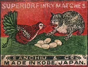 Matchbox Prints: Old Japanese Matchbox label with a cat and hen fighting