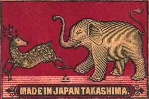 Chasing Collection: Old Japanese Matchbox label with an elephant chasing a deer