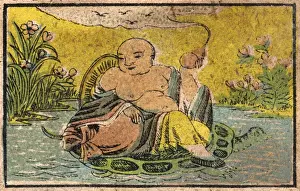 Turtle Prints: Old Japanese Matchbox label with a man sitting on a turtle