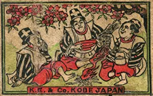 Matchbox Prints: Old Japanese Matchbox label and three men and cherry blossom