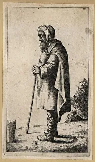 David Deuchar Prints: Old man in a hooded cape leaning on a stick, 17th century