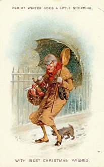 Old Mr Winter in the snow on a Christmas card