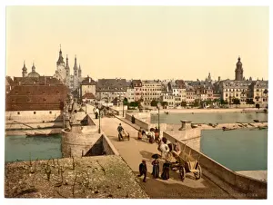 Wurzburg Prints: Old Rhine Bridge (i. e. Old Main Bridge) and town, Wurzburg