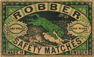 Swedish Prints: Old Swedish Matchbox label with Robber and a tiger hunting
