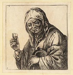 Drunkard Prints: Old woman holding a glass and jug, 17th century