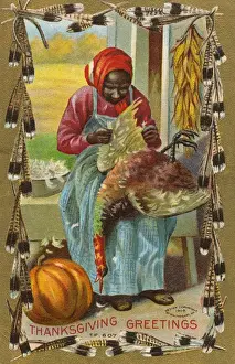 Maids Prints: And old woman plucking a Thanksgiving Turkey