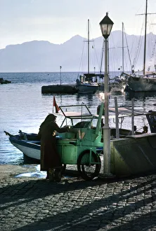 Images Dated 27th August 2019: Old woman roasts chestnuts on her mobile food stall, Antalya