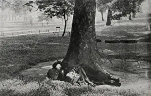 Vagrant Prints: Old woman vagrant asleep in park, London