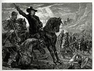 Oliver Cromwell leading the English New Model Army against a Scottish army led by David