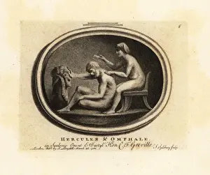 Antiquarian Prints: Omphale, Queen of Ludia, combing Greek hero Hercules hair