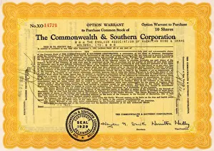 Share Prints: Option warrant, Commonwealth & Southern Corporation