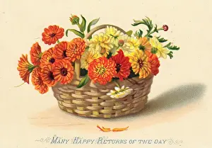 Orange and yellow flowers in a basket on a birthday card