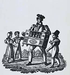 Hurdy Gallery: Organ player. Flowers of Happiness. Engraving