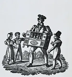 Gurdy Prints: Organ player. Flowers of Happiness. Engraving