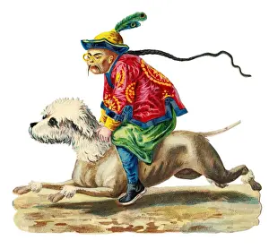 Oriental man riding a dog on a Victorian scrap