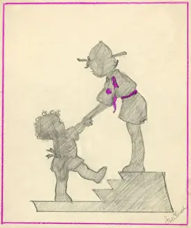 Chick Prints: Original Artwork - Boy scout helping toddler up steps