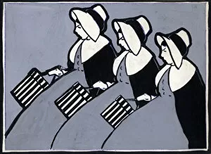 Identical Gallery: Original Artwork - Three identical maids with hat boxes