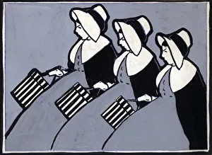 Crinolines Prints: Original Artwork - Three identical maids with hat boxes
