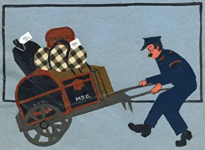 Laden Gallery: Original Artwork - Railway porter with laden trolley