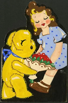 Original Artwork - Teddy bear gives girl a bunch of flowers