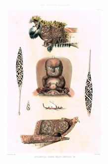 Angas Gallery: Ornamental Maori wood carvings, New Zealand