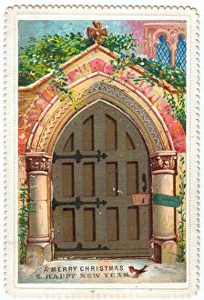 Ornate church door on a Christmas and New Year card
