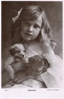 Cuddling Prints: Orphans - Young girl and two little tiny puppies