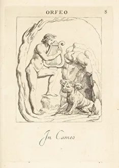 Orpheus Prints: Orpheus playing his lyre to Cerberus at the entrance to Hades