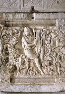 Mythological Gallery: Orpheus playing his lyre. Relief from Thessaloniki. Greece