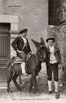 Pyrenees Collection: Ossalois Men, one riding on a donkey - Pyrenees, France