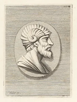 Guillaume Vallet Prints: Oval portrait of a bearded man wearing a helmet with the horns o