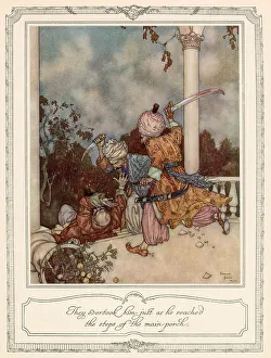 They overtook him just as he reached the steps of the main porch. Scene from Bluebeard illustrated by Edmund Dulac. Date: 1911