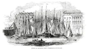 Billingsgate Prints: Oyster Boats outside Billingsgate Fish Market, London 1843