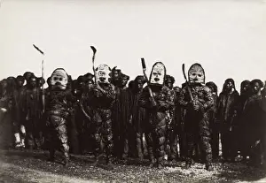 Pacific Islands, Oceania: group in tribal costume with masks