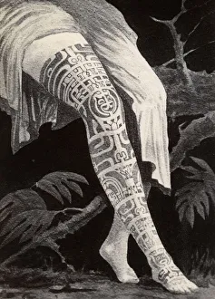 Tattoo Prints: Pacific Islands, Oceania: tattooed, tattoo, tattooing of a leg