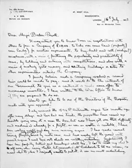 Page one of a letter from A V Roe to Major Baden-Powell